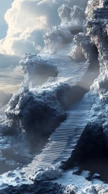 Icy stairway carved through cloud-wreathed mountain pass.
