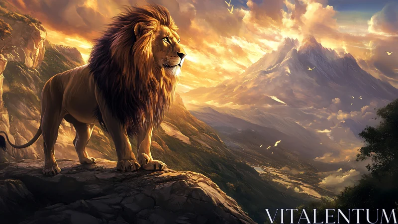 Sunlit lion observes mountainous valley under volumetric clouds