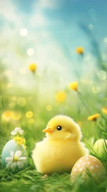 Digital painting of Easter chick with eggs in bokeh meadow.