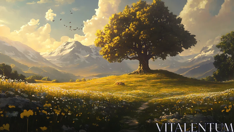 Golden oak dominating alpine meadow under warm sunset light.