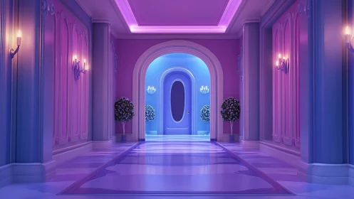 Luminous Corridor: A Neoclassical Hallway in Purple and Blue.