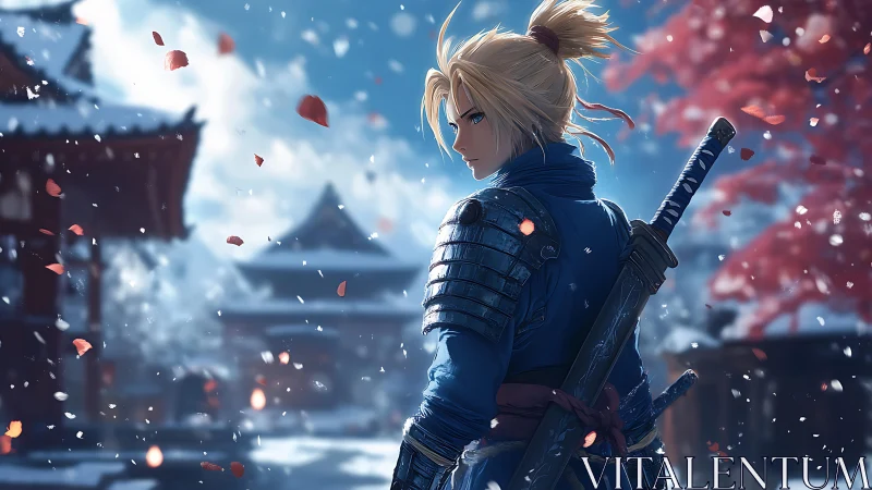 Samurai warrior in snowy temple courtyard with sakura petals.