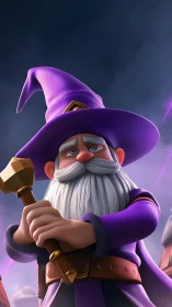 Purple-robed wizard grips staff under stormy fantasy sky.