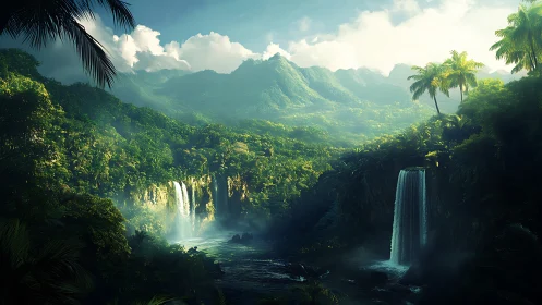 Dense tropical valley with dual waterfalls under mountains