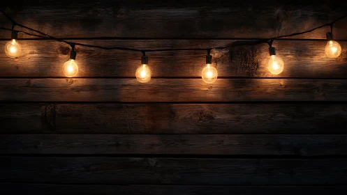 Warm string lights glowing against weathered wooden planks.