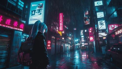 Girl stands in rainy neon alleyway at night in city