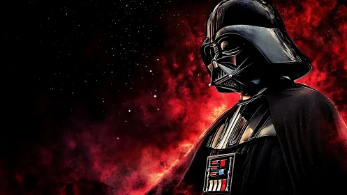 Helmeted dark figure in profile dominates a nebular red void