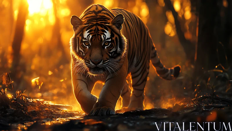 Sunlit tiger pads through ember fog in a molten forest