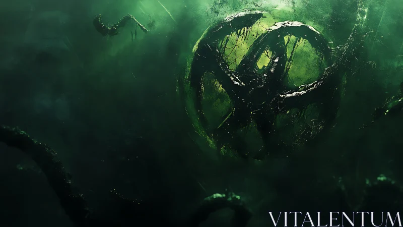 Sunken biohazard wheel wrapped in dreamy green gloom.