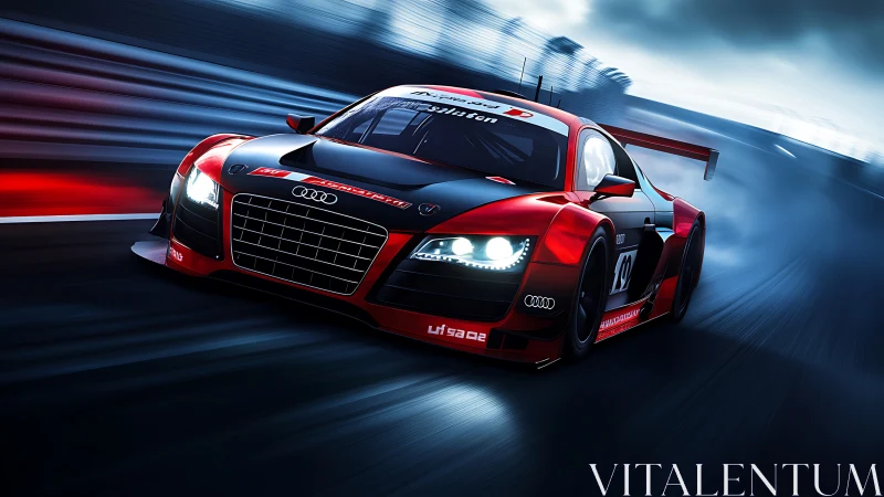 Red and black GT race car charging through wet night circuit.