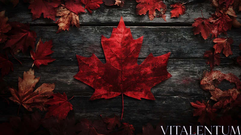 Crimson maple leaf crowned against weathered wooden twilight.