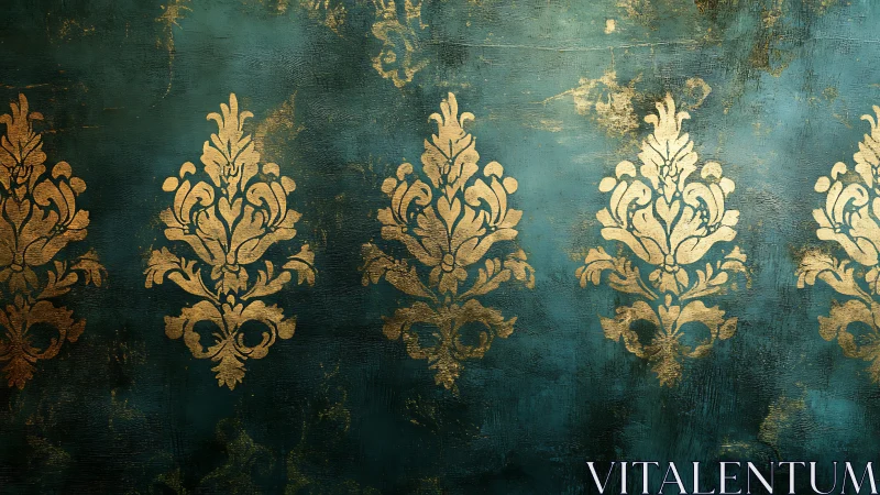 Golden damask flourishes glowing on deep teal texture.