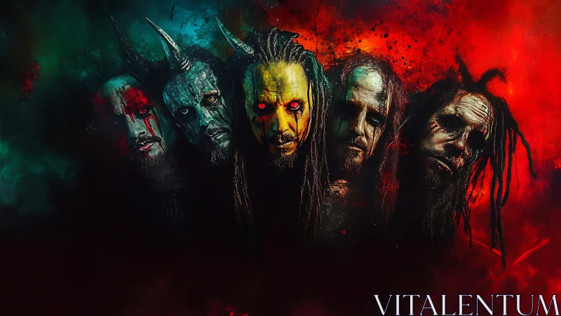 Demonic metal band portraits in fiery red teal haze.