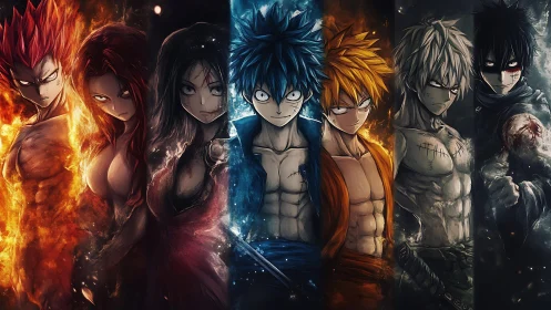 Row of stylized anime warriors with elemental visual effects.