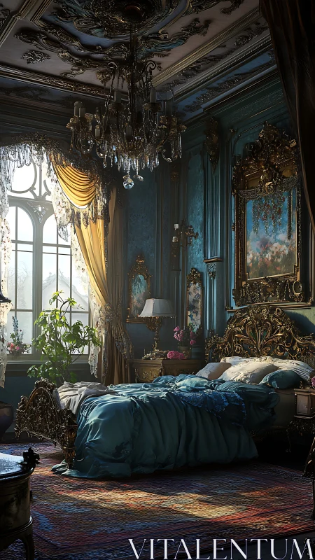 Ornate baroque bedroom with carved bed and chandeliers.