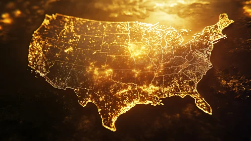 Illuminated USA map glowing with dense night city grids.