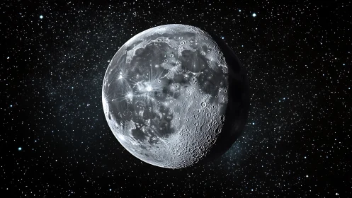 Lunar surface rendered with high-contrast photoreal detail