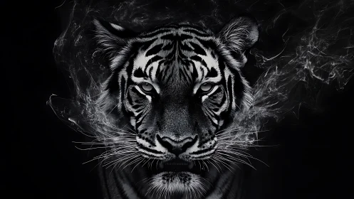 Monochrome tiger portrait with swirling smoke aura.
