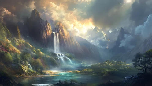 Mountain landscape with cascading waterfalls and dense clouds.