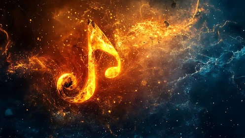 Fiery musical note symbol in contrasting dark background.