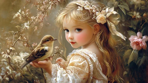 Golden-haired child cradles songbird amid soft florals.