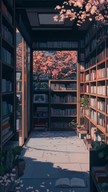 Sunlit corridor library integrates cherry blossom courtyard view