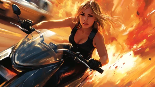 Motorcyclist rides forward with explosion rendered behind