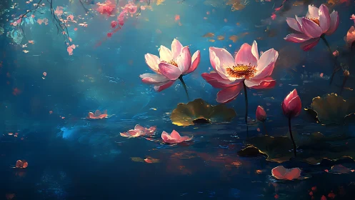 Lotus flowers float on blue water under warm diffuse light