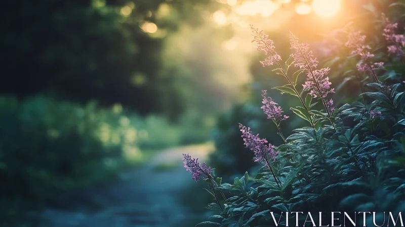 Wild purple flowers catch golden sunrise along forest path