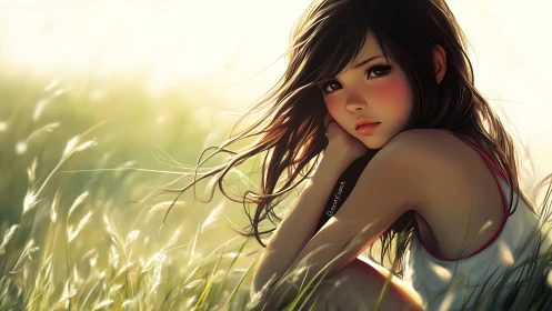 Young woman in grass field under diffuse backlighting.