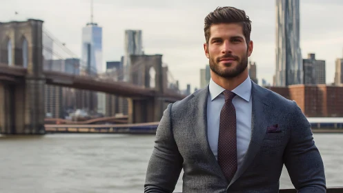 Corporate portrait against Brooklyn Bridge in balanced daylight