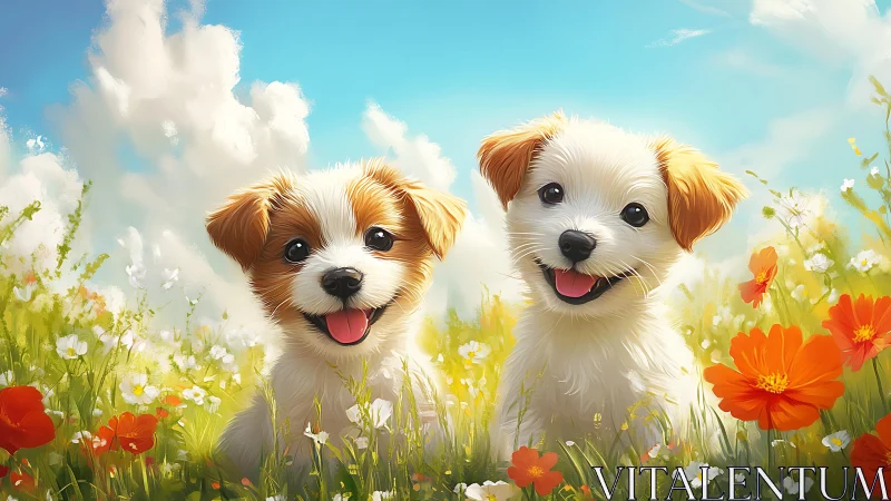 Dual puppy portrait in luminant floral meadow illumination.