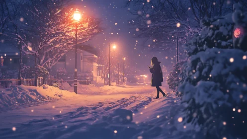 Snowy winter street with lone pedestrian under warm lamplight.
