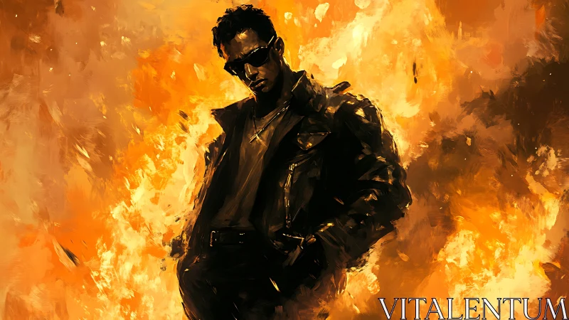 Figure in dark coat before intense orange fire background.