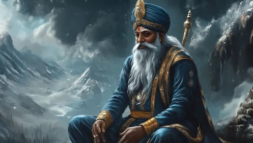 Snowbound sage king broods beneath thundercloud crowns.