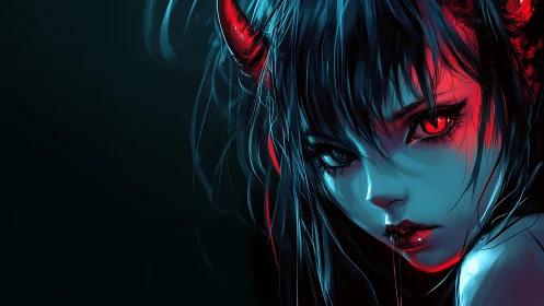 Fiery-eyed demon girl in moody blue and crimson light.