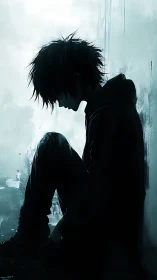 Shadowed boy in rain-soaked silence beneath pale skies.