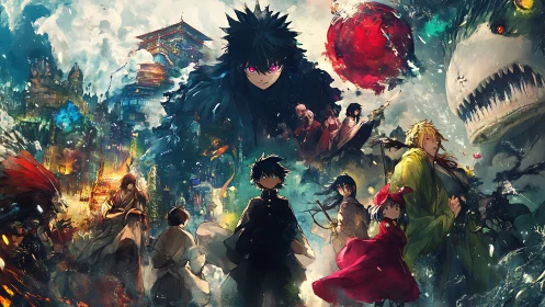 Dynamic anime ensemble framed by chaotic fantasy cityscapes
