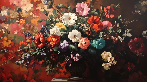 Large-scale oil painting of abundant flowers in dark vase composition
