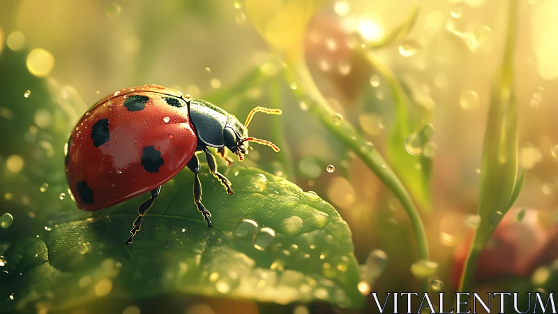 Macro render of ladybug on dewy leaf in soft golden bokeh