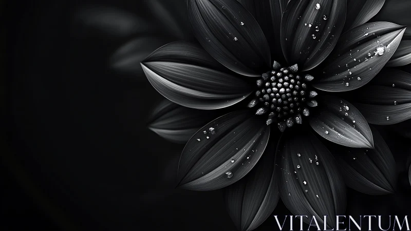 Monochromatic Dahlia with Crystalline Dewdrops Against Black Backdrop.