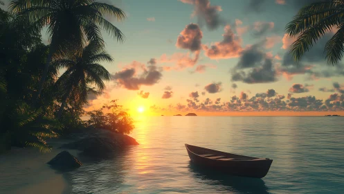 Tropical Sunset with Anchored Boat and Palm Trees.
