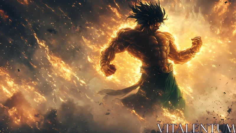 Mythic warrior erupts from blazing cosmic storm of fire.