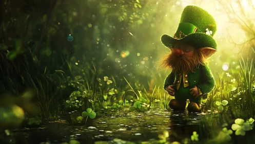 Small leprechaun figure standing in damp clover forest scene.