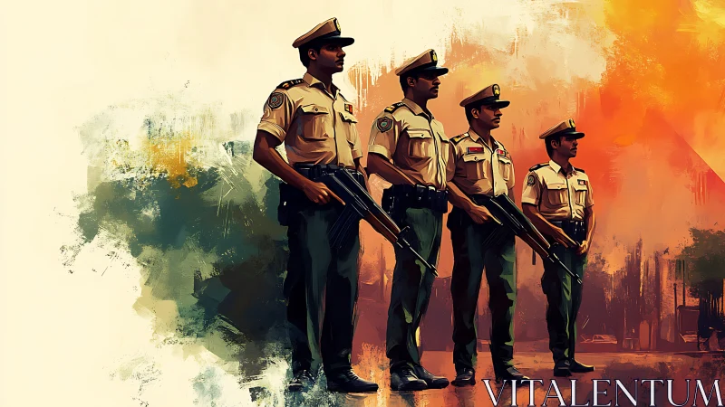 Four uniformed armed officers stand in stylized formation