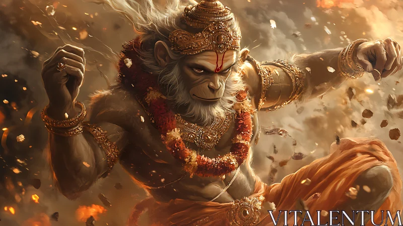 Divine warrior Hanuman charging through blazing embers.