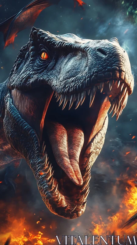 Roaring T-Rex dominates fiery battlefield with brutal power.