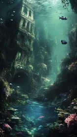 Sunken city ruins with coral gardens and drifting fish.