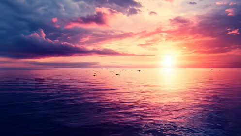 Vibrant ocean sunset casts pink and gold light across water