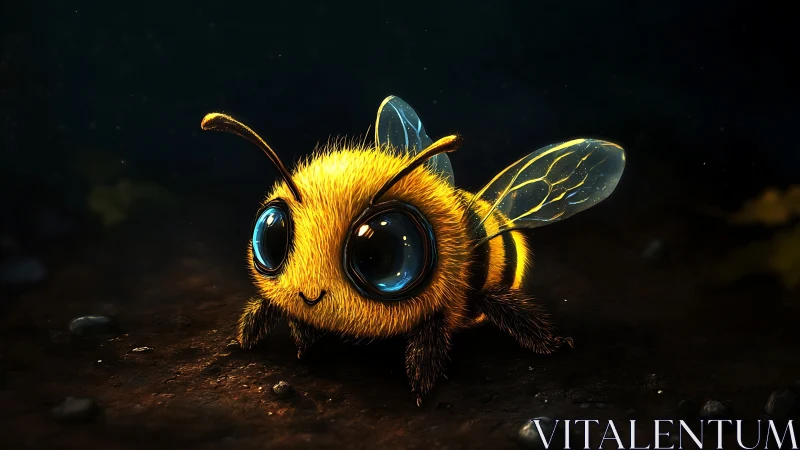 Bright-eyed bumblebee character glows softly in the dark